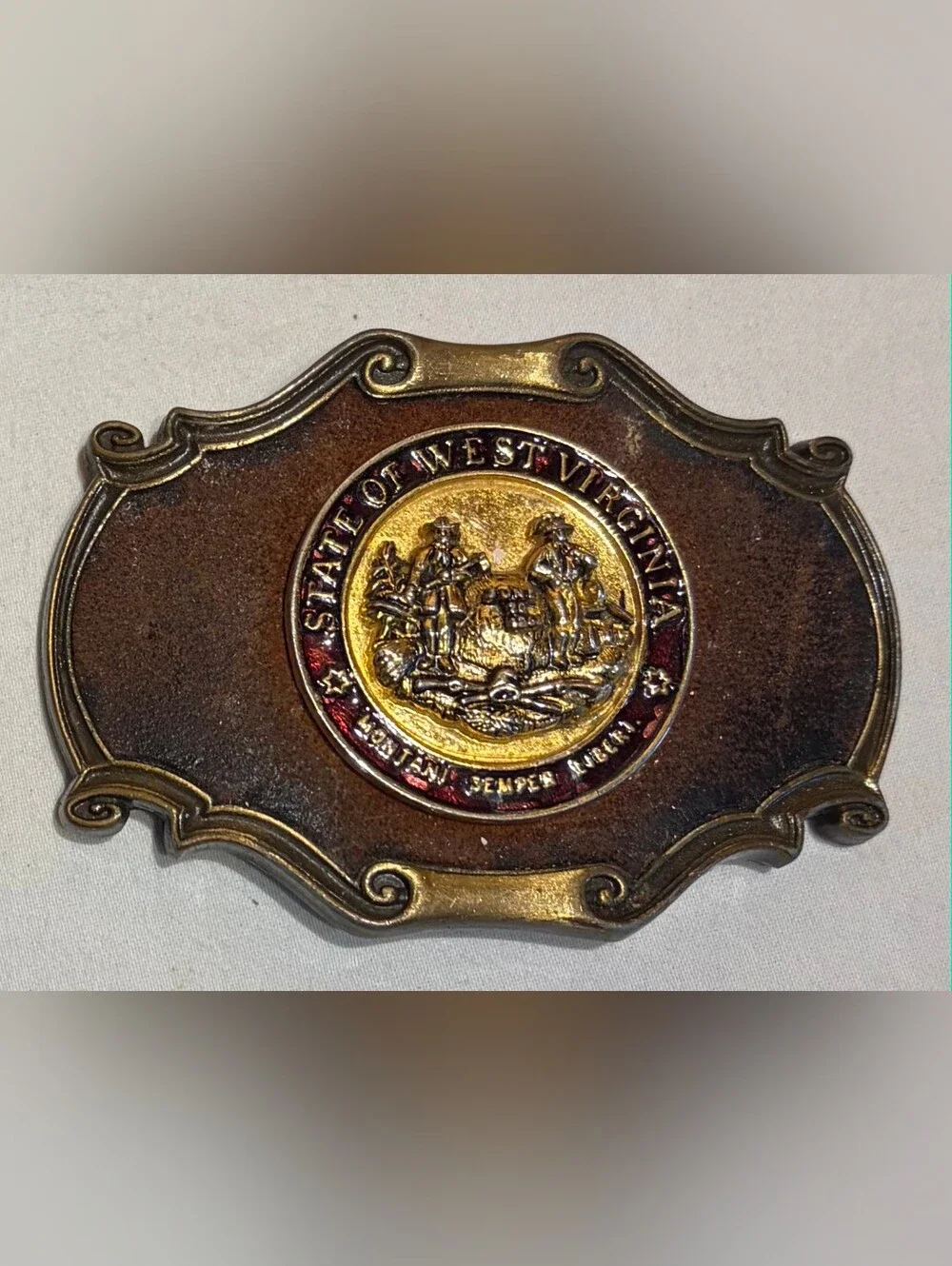 Vintage 1978 Raintree State of West Virginia Brass Leather Belt Buckle 1231
